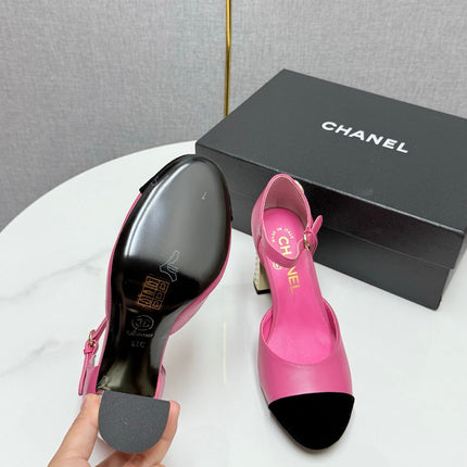 CC MARY JANE HEELS 25S IN PINK LAMBSKIN AND BLACK SUEDE WITH PEARL HEEL STYLE 1