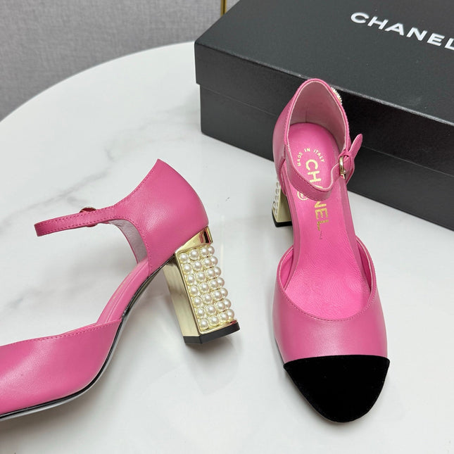 CC MARY JANE HEELS 25S IN PINK LAMBSKIN AND BLACK SUEDE WITH PEARL HEEL STYLE 1