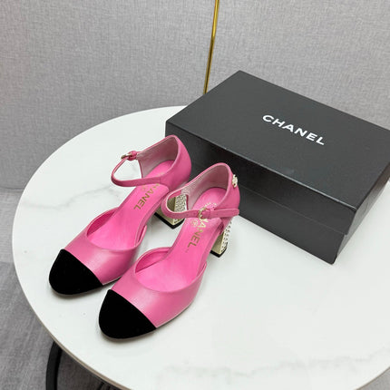 CC MARY JANE HEELS 25S IN PINK LAMBSKIN AND BLACK SUEDE WITH PEARL HEEL STYLE 1