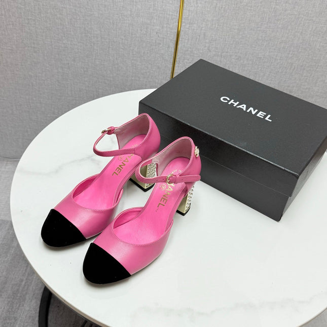 CC MARY JANE HEELS 25S IN PINK LAMBSKIN AND BLACK SUEDE WITH PEARL HEEL STYLE 1