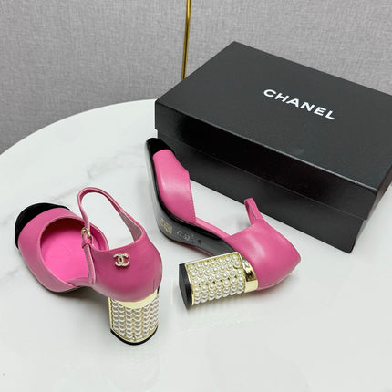 CC MARY JANE HEELS 25S IN PINK LAMBSKIN AND BLACK SUEDE WITH PEARL HEEL STYLE 1