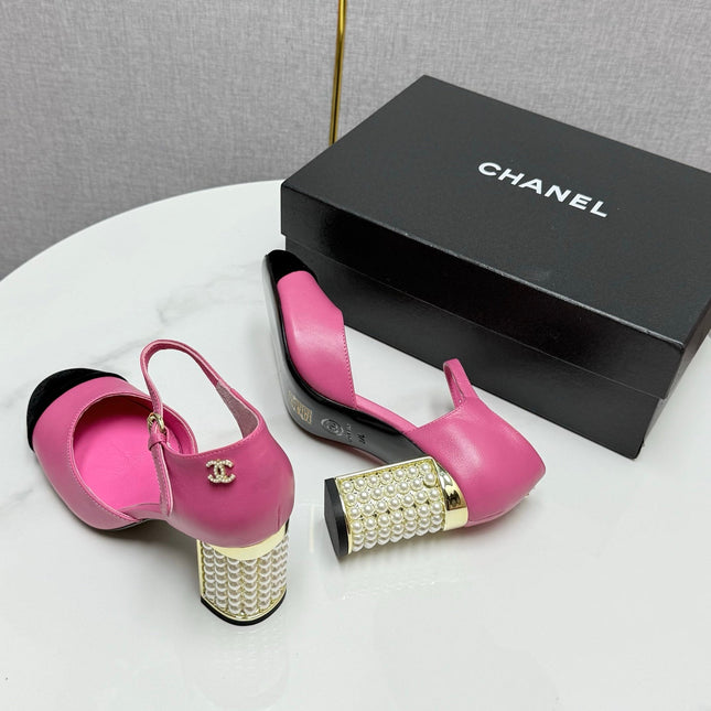 CC MARY JANE HEELS 25S IN PINK LAMBSKIN AND BLACK SUEDE WITH PEARL HEEL STYLE 1