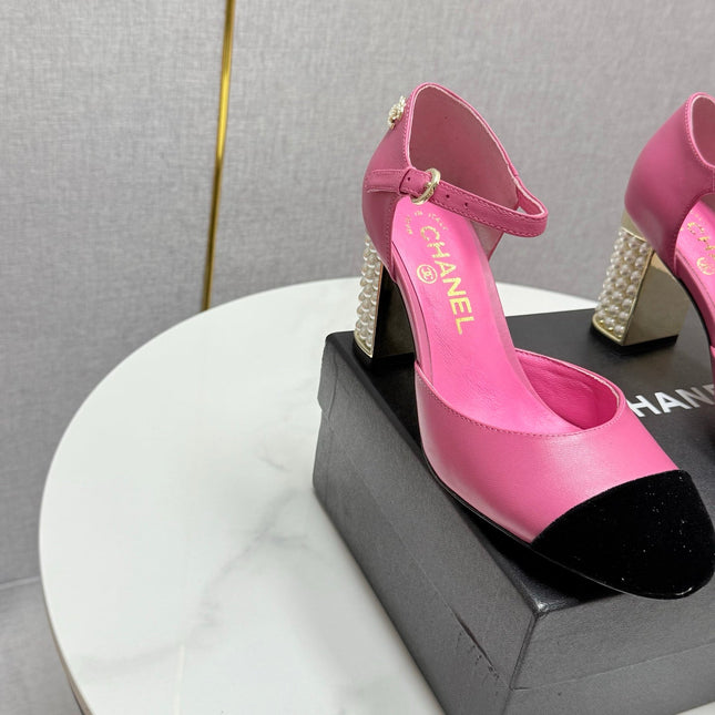 CC MARY JANE HEELS 25S IN PINK LAMBSKIN AND BLACK SUEDE WITH PEARL HEEL STYLE 1