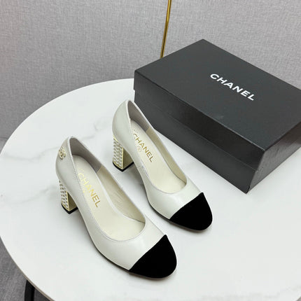 CC HIGH HEEL 25S IN WHITE LAMBSKIN AND BLACK SUEDE WITH PEARL HEEL STYLE 2