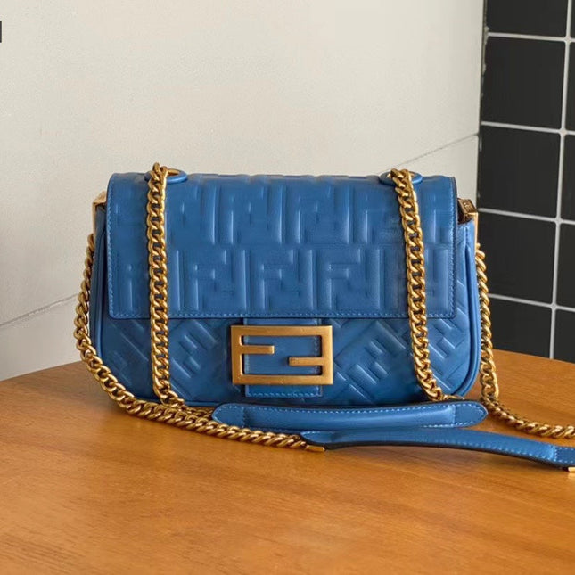 Fend Baguette 24 Bag With FF Motif Blue Leather Ghw