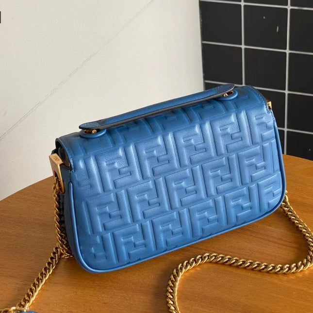 Fend Baguette 24 Bag With FF Motif Blue Leather Ghw