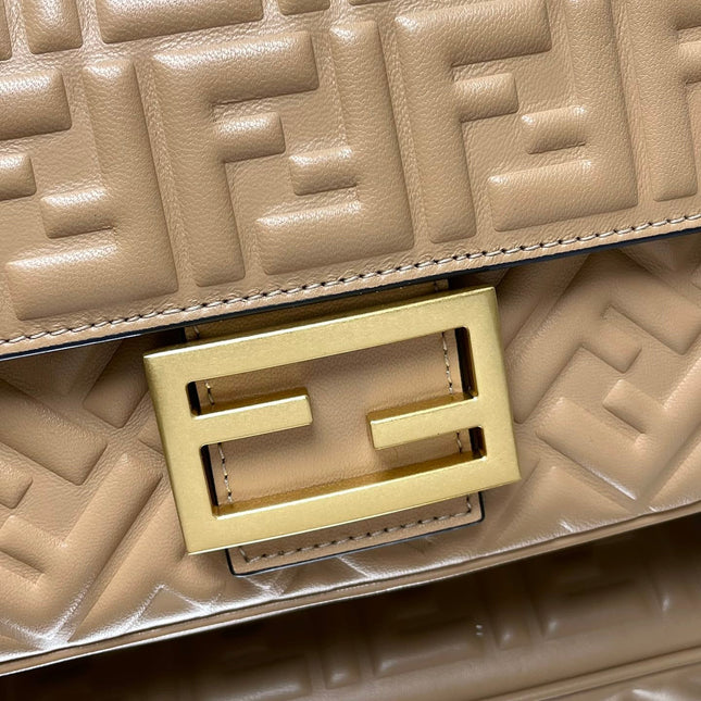 Fend Baguette 24 Bag With FF Motif Beige Leather Ghw