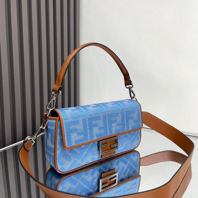 Fend Baguette Blue Brown Canvas Bag 27 with FF Embroidery Ghw
