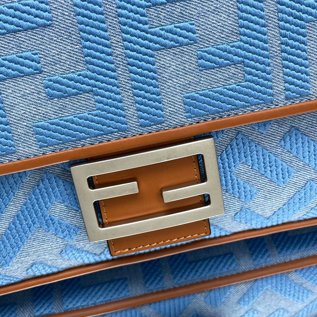 Fend Baguette Blue Brown Canvas Bag 27 with FF Embroidery Ghw