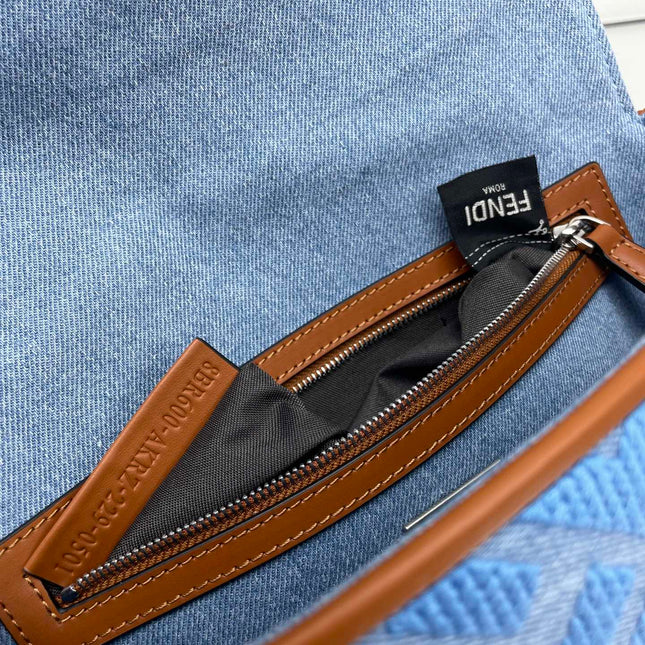 Fend Baguette Blue Brown Canvas Bag 27 with FF Embroidery Ghw