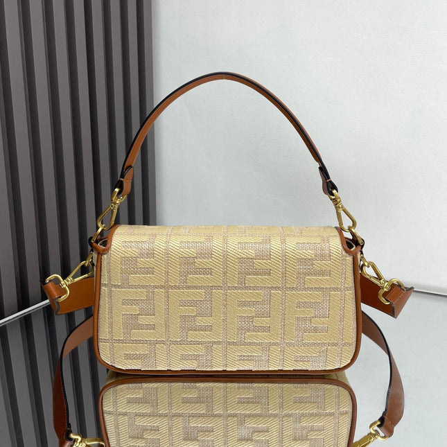 Fend Baguette Gold Tan Canvas Bag 27 with FF Embroidery Ghw