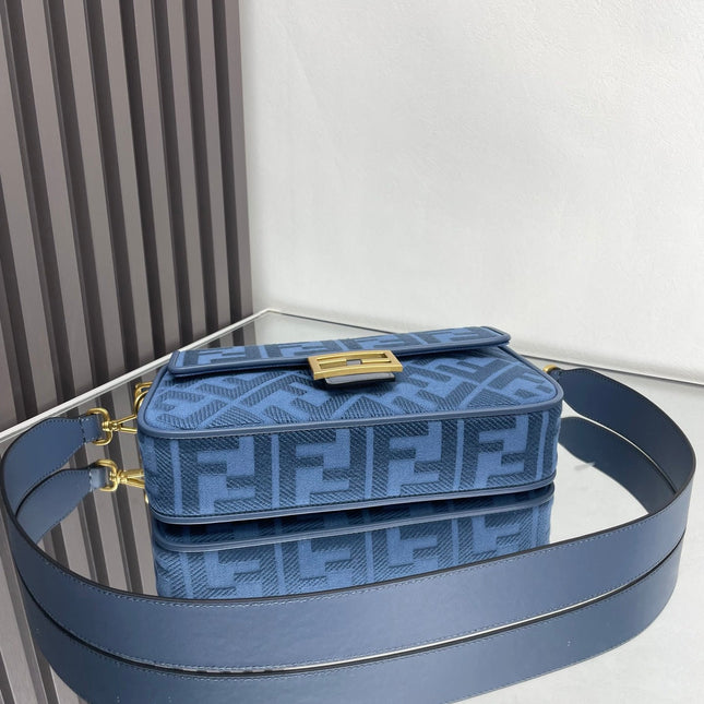 Fend Baguette Blue Canvas Bag 27 with FF Embroidery Ghw