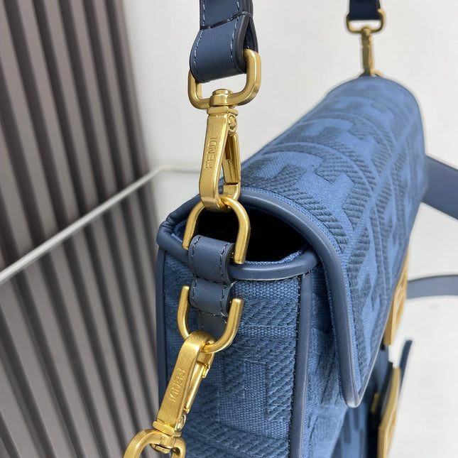 Fend Baguette Blue Canvas Bag 27 with FF Embroidery Ghw