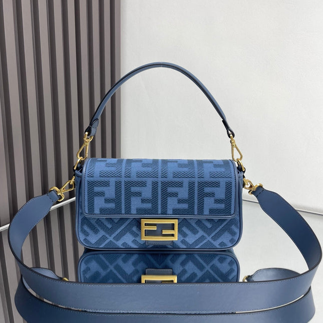 Fend Baguette Blue Canvas Bag 27 with FF Embroidery Ghw