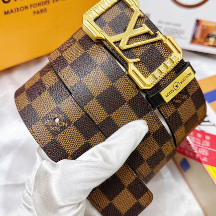 BELT 38MM REVERSIBLE IN BROWN CHECKERED PATTERN WITH GOLD PAVE BUCKLE