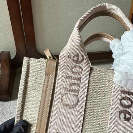SMALL WOODY TOTE BAG 26.5 IN BEIGE LINEN CANVAS LIGHT PINK WEBBING LOGO EMBROIDERY