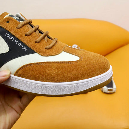 LV TRAINERS IN AMBER YELLOW SUEDE AND WHITE MIX BLACK CALFSKIN