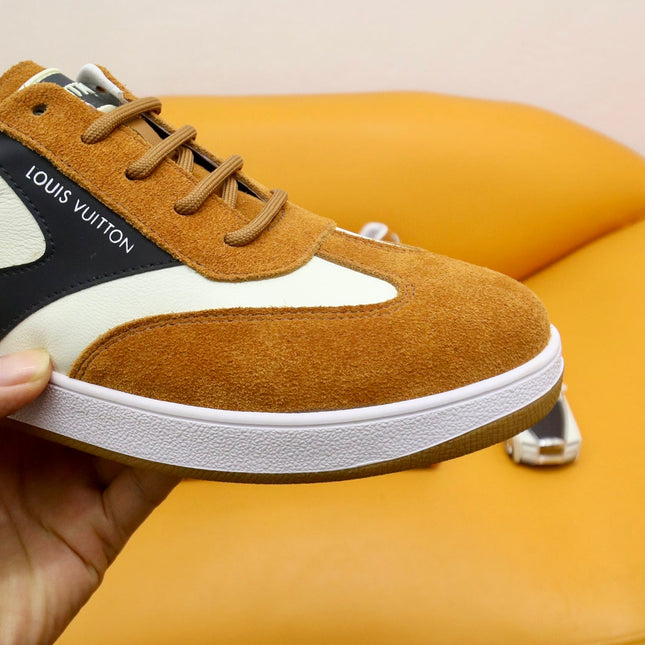 LV TRAINERS IN AMBER YELLOW SUEDE AND WHITE MIX BLACK CALFSKIN