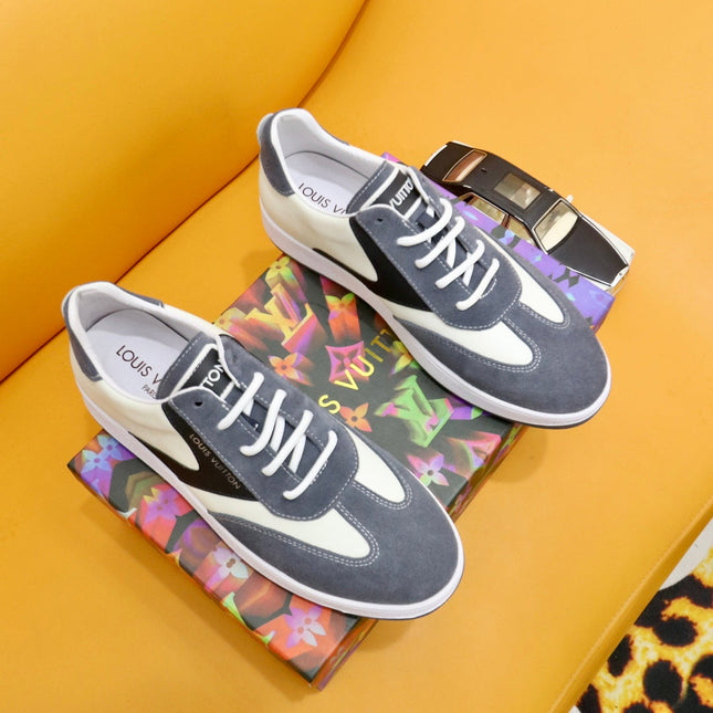 LV TRAINERS IN GREY SUEDE AND WHITE CALFSKIN