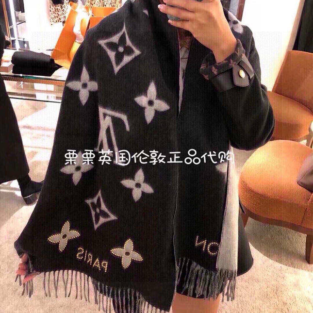 MONOGRAM FLOWERS SCARF 170 CM IN BLACK CASHMERE 390975