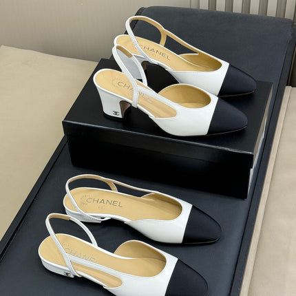 CC SLINGBACK 25S IN WHITE LAMBSKIN MIX BLACK FABRIC