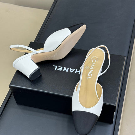 CC SLINGBACK 25S IN WHITE LAMBSKIN MIX BLACK FABRIC