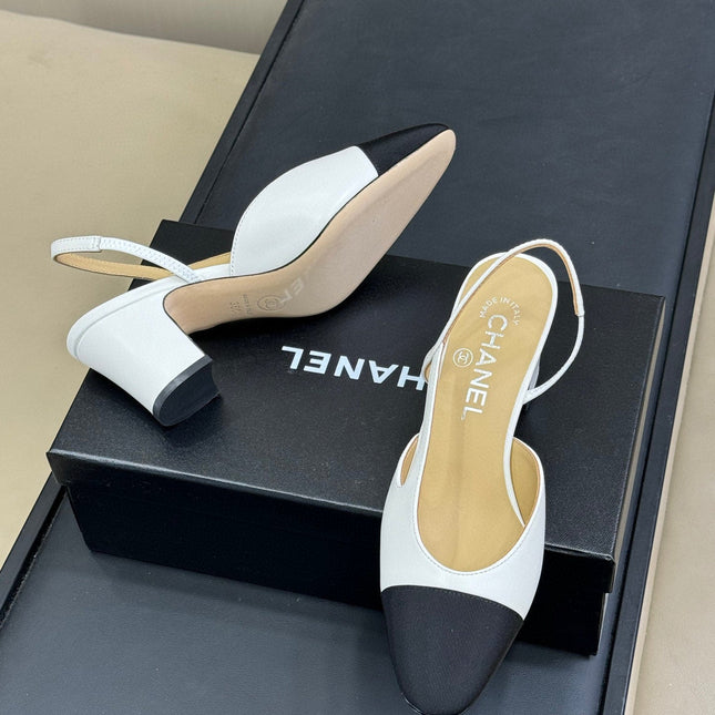 CC SLINGBACK 25S IN WHITE LAMBSKIN MIX BLACK FABRIC