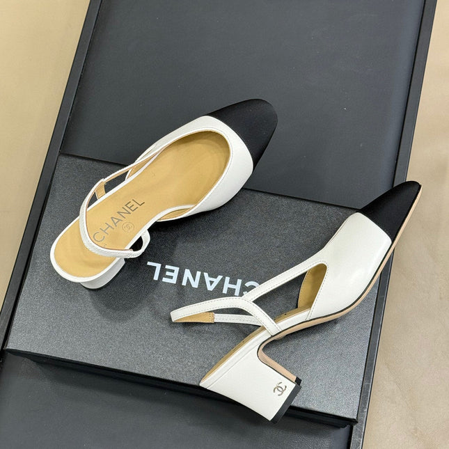 CC SLINGBACK 25S IN WHITE LAMBSKIN MIX BLACK FABRIC