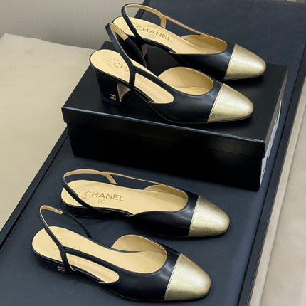 CC SLINGBACK 25S IN BLACK MIX GOLD LAMBSKIN