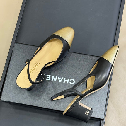 CC SLINGBACK 25S IN BLACK MIX GOLD LAMBSKIN