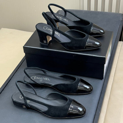 CC SLINGBACK 25S IN BLACK SUEDE AND GLOSSY LEATHER