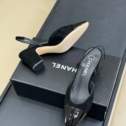 CC SLINGBACK 25S IN BLACK SUEDE AND GLOSSY LEATHER