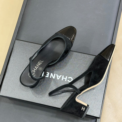 CC SLINGBACK 25S IN BLACK SUEDE AND GLOSSY LEATHER
