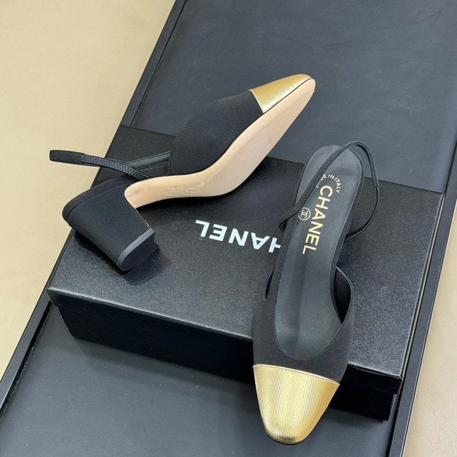 CC SLINGBACK 25S IN BLACK FABRIC MIX GOLD LAMBSKIN