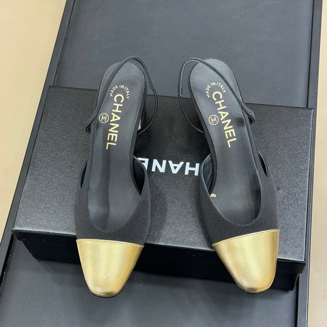 CC SLINGBACK 25S IN BLACK FABRIC MIX GOLD LAMBSKIN