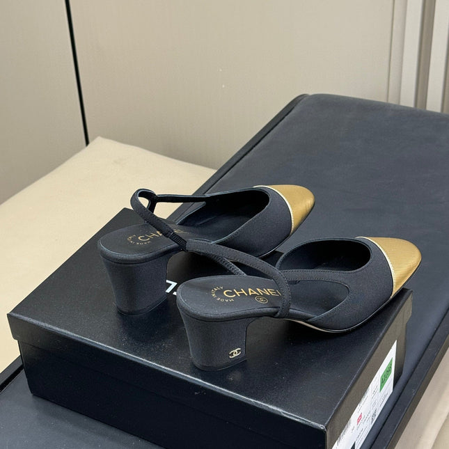 CC SLINGBACK 25S IN BLACK FABRIC MIX GOLD LAMBSKIN