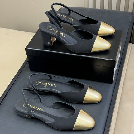 CC SLINGBACK 25S IN BLACK FABRIC MIX GOLD LAMBSKIN