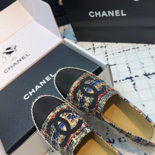 ESPADRILLES LOAFERS IN MULTICOLOR TWEED AND BLACK SATIN