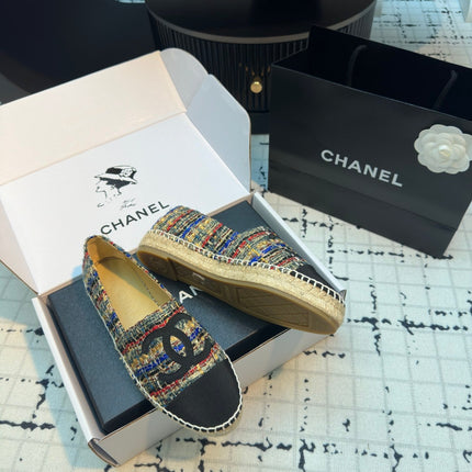 ESPADRILLES LOAFERS IN MULTICOLOR TWEED AND BLACK SATIN