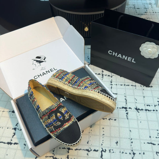 ESPADRILLES LOAFERS IN MULTICOLOR TWEED AND BLACK SATIN