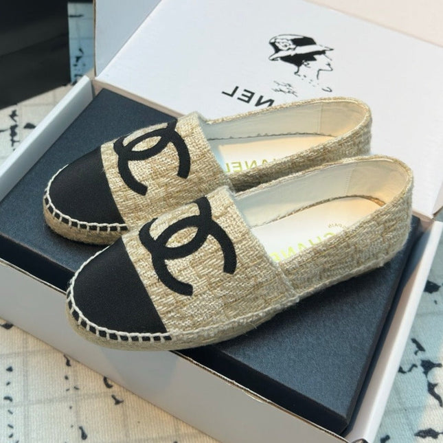 ESPADRILLES LOAFERS IN BEIGE TWEED AND BLACK SATIN
