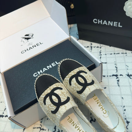 ESPADRILLES LOAFERS IN BEIGE TWEED AND BLACK SATIN