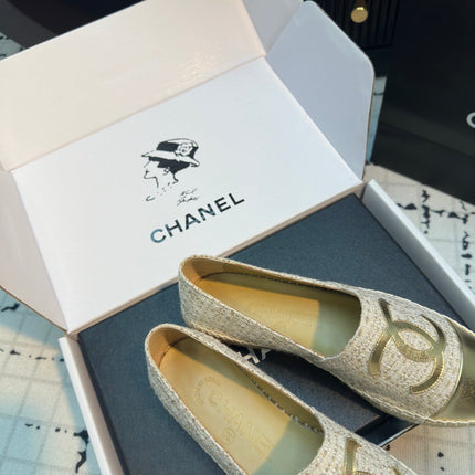 ESPADRILLES LOAFERS IN BEIGE TWEED AND GOLDEN LAMBSKIN