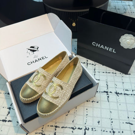 ESPADRILLES LOAFERS IN BEIGE TWEED AND GOLDEN LAMBSKIN