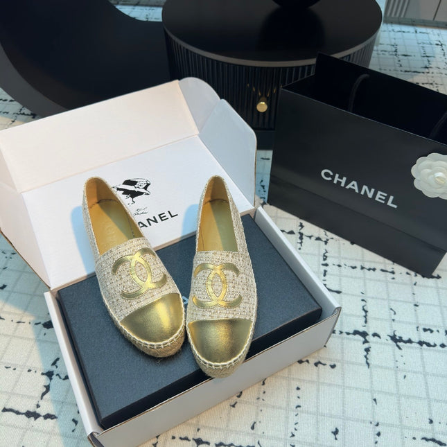 ESPADRILLES LOAFERS IN BEIGE TWEED AND GOLDEN LAMBSKIN