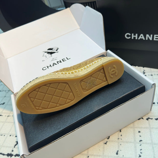 ESPADRILLES LOAFERS IN METALIC GOLD TWEED AND BLACK SATIN