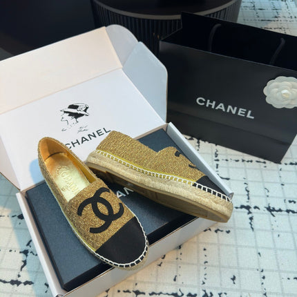 ESPADRILLES LOAFERS IN METALIC GOLD TWEED AND BLACK SATIN