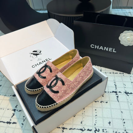 ESPADRILLES LOAFERS IN LIGHT PINK TWEED AND BLACK LAMBSKIN