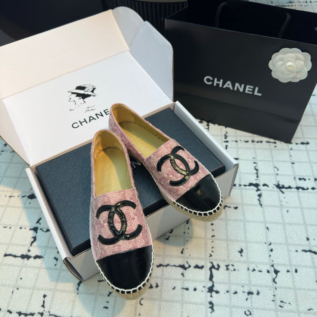 ESPADRILLES LOAFERS IN LIGHT PINK TWEED AND BLACK LAMBSKIN
