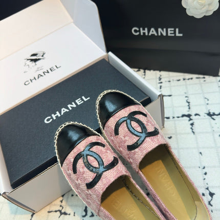 ESPADRILLES LOAFERS IN LIGHT PINK TWEED AND BLACK LAMBSKIN